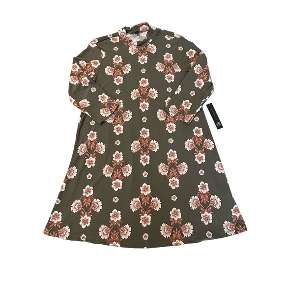 As U Wish Women's Olive Green Floral Knee Length Dress Size Large Mock Neck - Picture 2 of 8